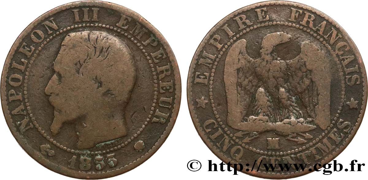 Cinq centimes Napoléon III, tête nue 1855 Marseille F.116/27 q.MB 
