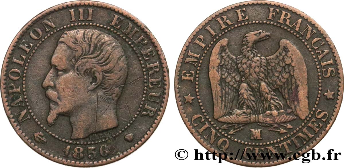 Cinq centimes Napoléon III, tête nue 1856 Marseille F.116/35 TB25 