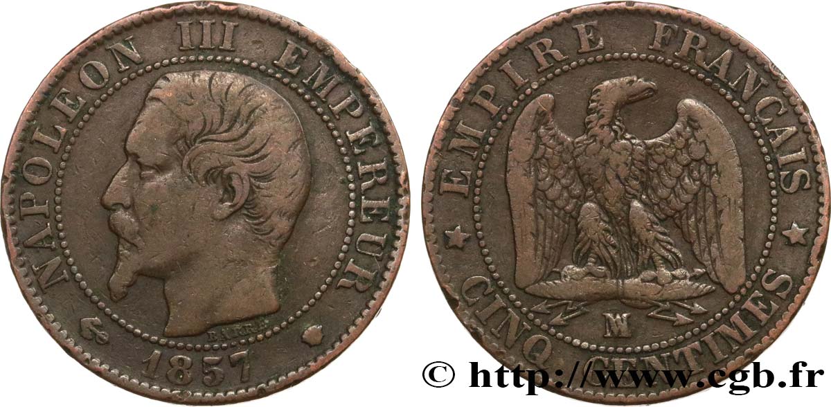 Cinq centimes Napoléon III, tête nue 1857 Marseille F.116/42 VF20 