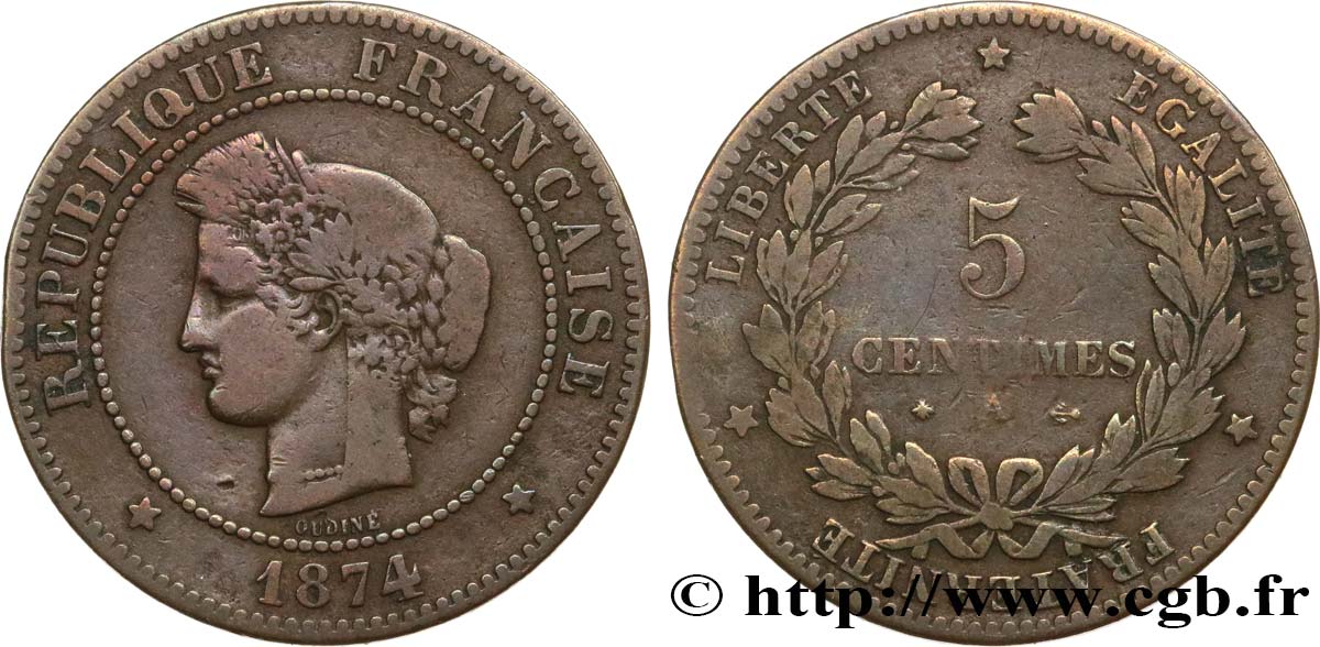 5 centimes Cérès 1874 Paris F.118/9 F15 