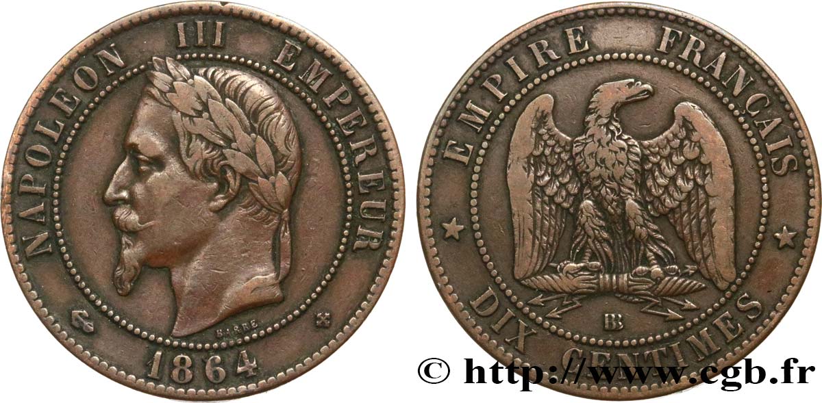 Dix centimes Napoléon III, tête laurée 1864 Strasbourg F.134/14 VF30 