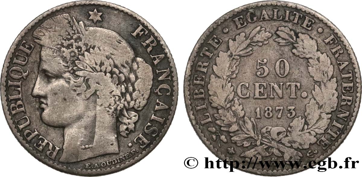 50 centimes Cérès, Troisième République 1873 Paris F.189/5 TB 