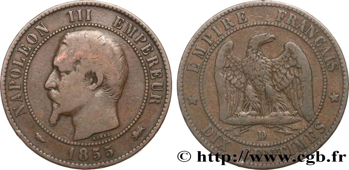 Dix centimes Napoléon III, tête nue 1855 Lyon F.133/25 MB15 