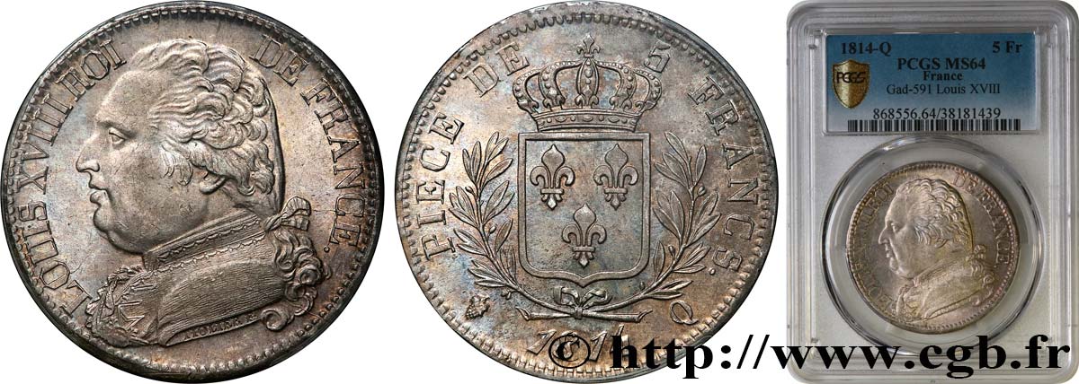 5 francs Louis XVIII, buste habillé 1814 Perpignan F.308/11 SC64 PCGS