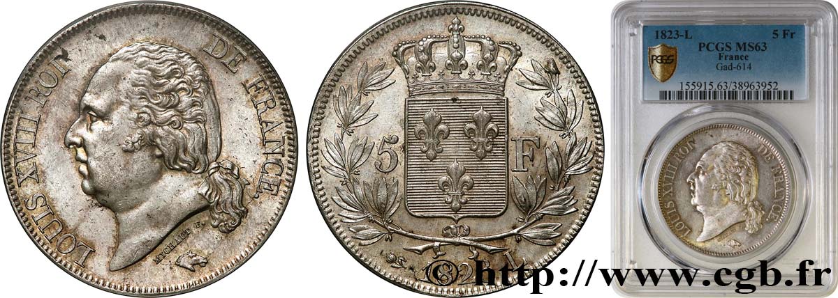 5 francs Louis XVIII, tête nue 1823 Bayonne F.309/83 SPL63 PCGS