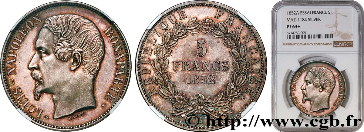 Épreuve de 5 francs Louis-Napoléon, Flan Bruni 1852 Paris Maz.1184  MS63 NGC