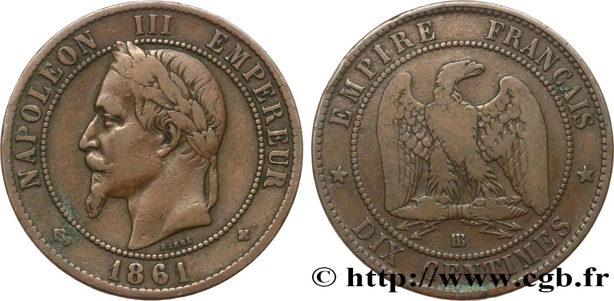 Dix centimes Napoléon III, tête laurée 1861 Strasbourg F.134/5 S20 