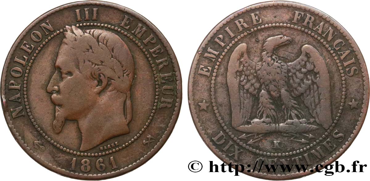 Dix centimes Napoléon III, tête laurée 1861 Bordeaux F.134/6 VF20 
