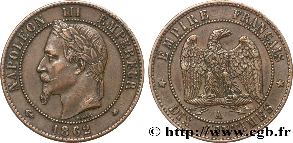 Dix centimes Napoléon III, tête laurée 1862 Paris F.134/7 MBC50 
