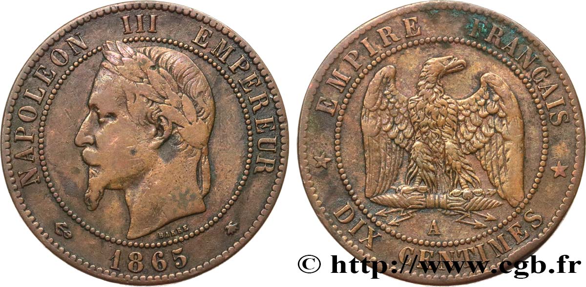 Dix centimes Napoléon III, tête laurée 1865 Paris F.134/16 TB 