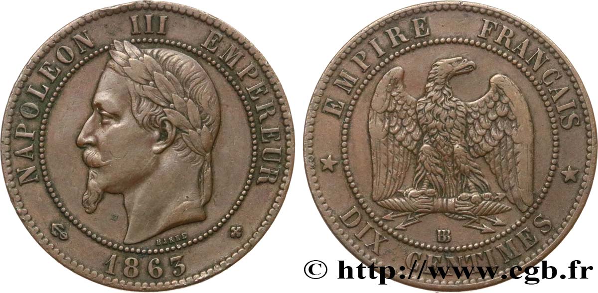 Dix centimes Napoléon III, tête laurée 1863 Strasbourg F.134/11 TTB40 