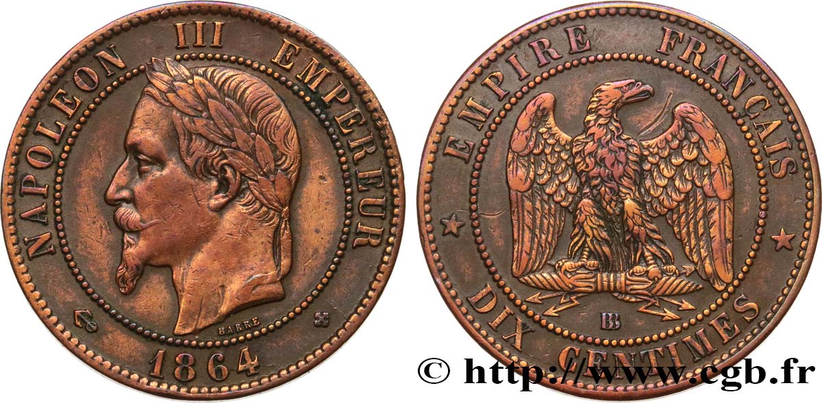 Dix centimes Napoléon III, tête laurée 1864 Strasbourg F.134/14 XF 
