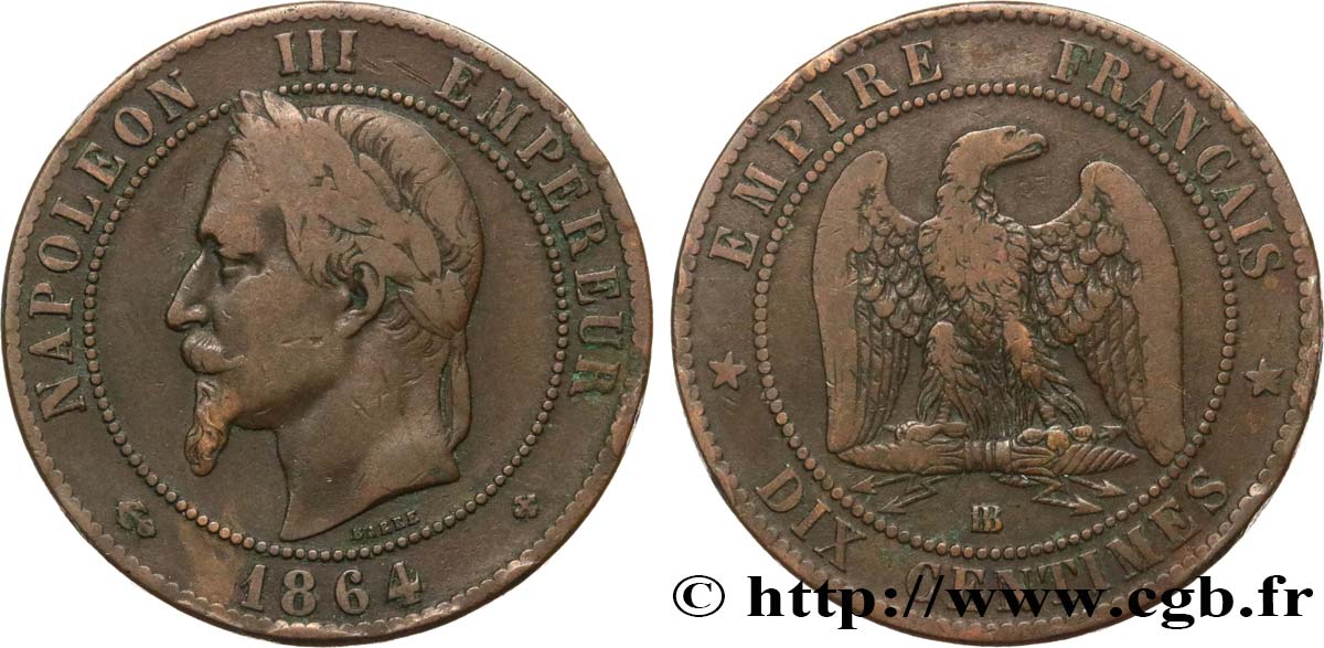 Dix centimes Napoléon III, tête laurée 1864 Strasbourg F.134/14 BC20 