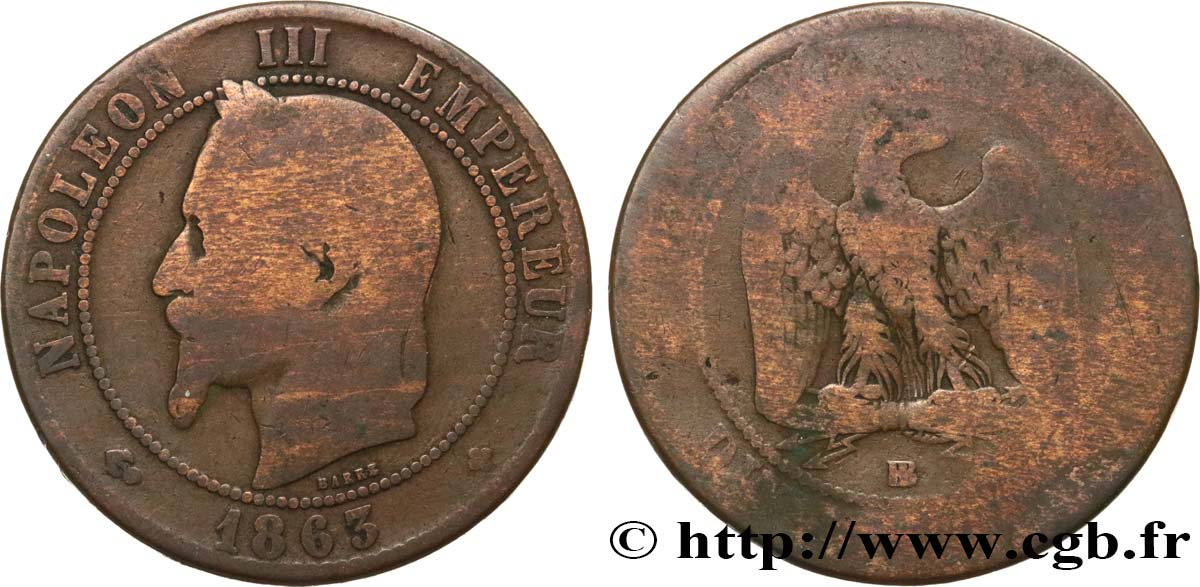 Dix centimes Napoléon III, tête laurée 1863 Strasbourg F.134/11 SGE8 