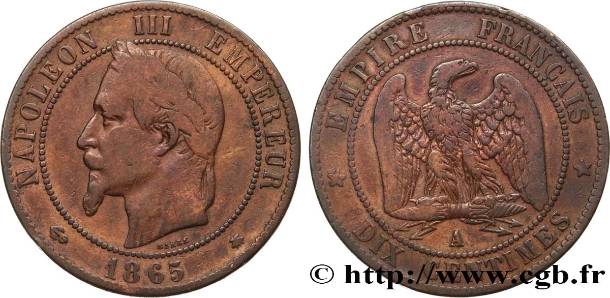 Dix centimes Napoléon III, tête laurée 1865 Paris F.134/16 TB15 