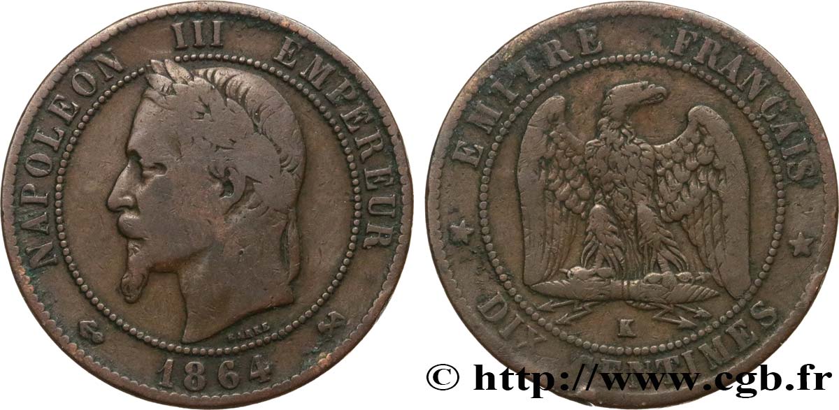 Dix centimes Napoléon III, tête laurée 1864 Bordeaux F.134/15 MB15 