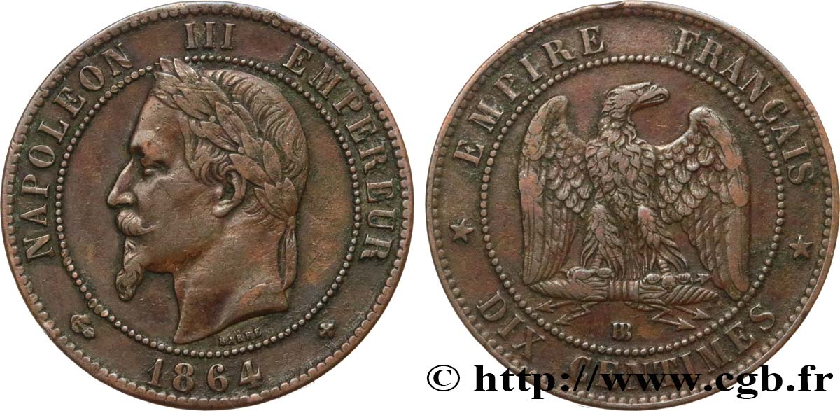 Dix centimes Napoléon III, tête laurée 1864 Strasbourg F.134/14 MBC40 