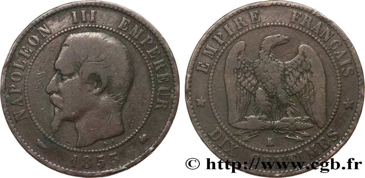 Dix centimes Napoléon III, tête nue 1855 Bordeaux F.133/27 TB15 