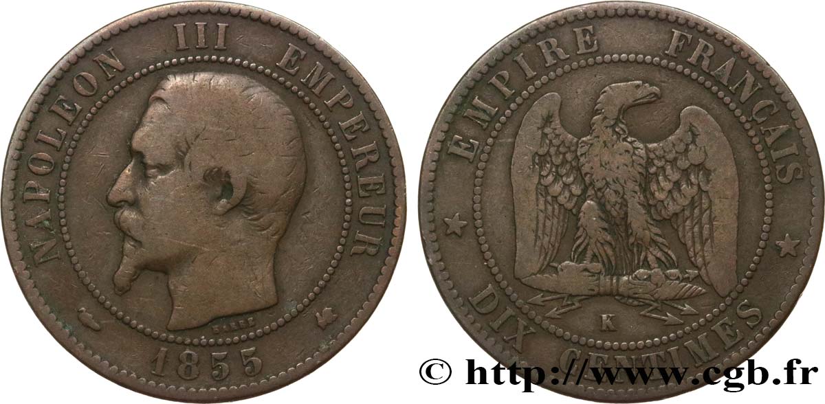 Dix centimes Napoléon III, tête nue 1855 Bordeaux F.133/27