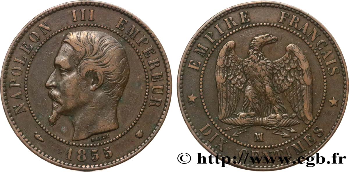 Dix centimes Napoléon III, tête nue, différent levrette 1855 Marseille F.133/30 TTB40 