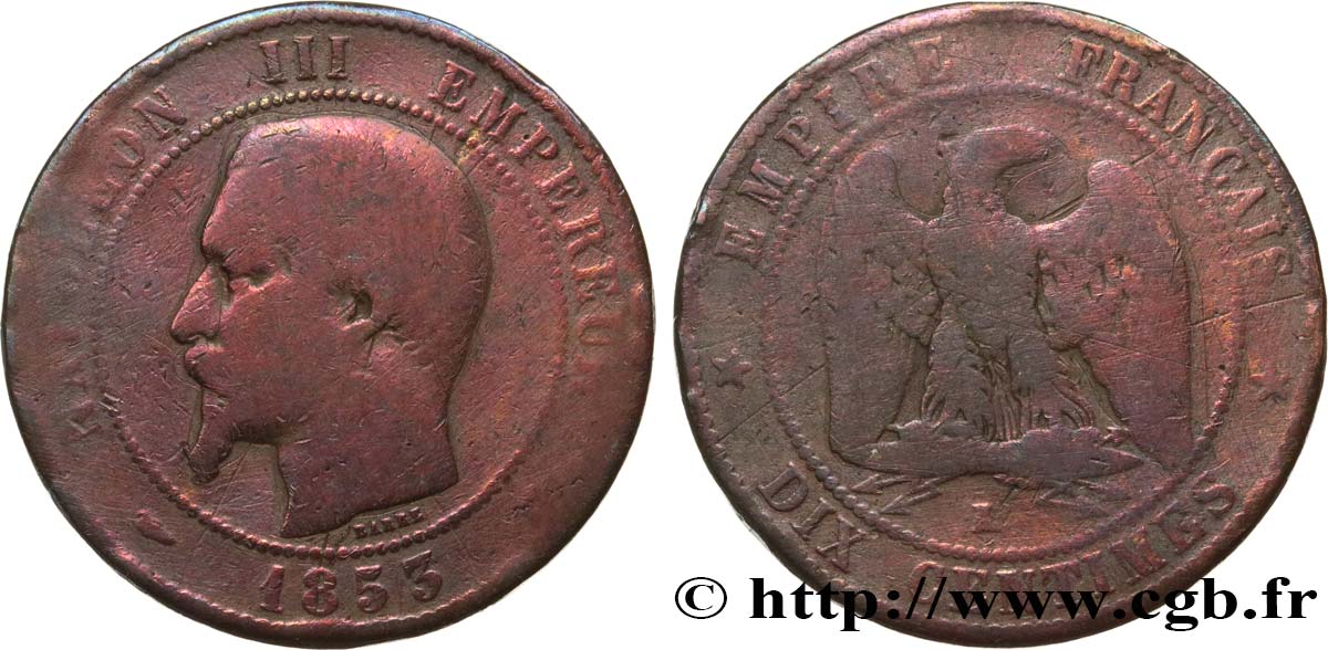 Dix centimes Napoléon III, tête nue 1853 Bordeaux F.133/7 SGE 