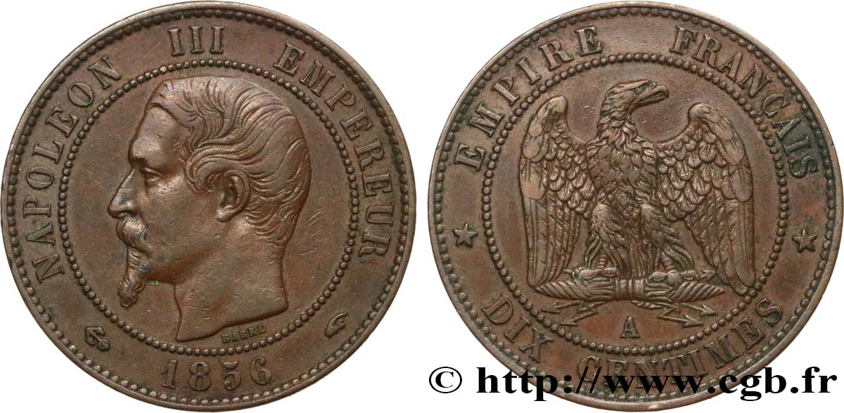 Dix centimes Napoléon III, tête nue 1856 Paris F.133/34 MBC45 
