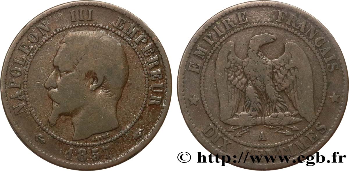Dix centimes Napoléon III, tête nue 1857 Paris F.133/41 B12 