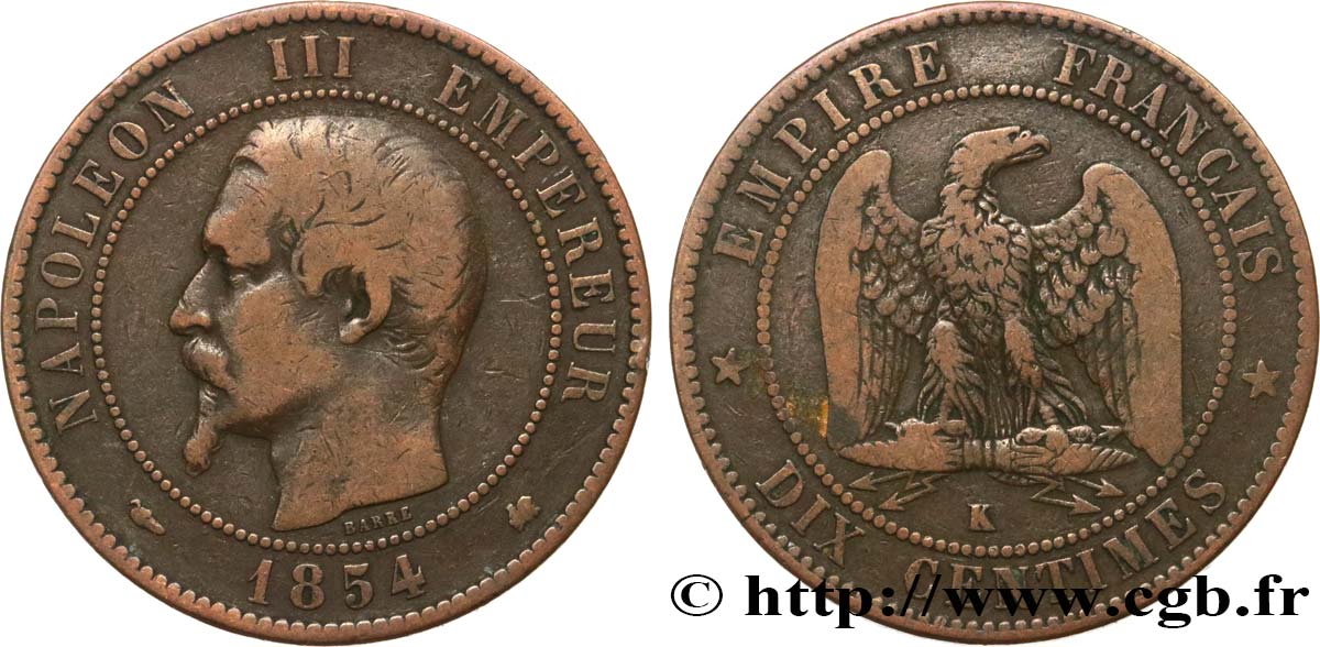 Dix centimes Napoléon III, tête nue 1854 Bordeaux F.133/16 TB20 