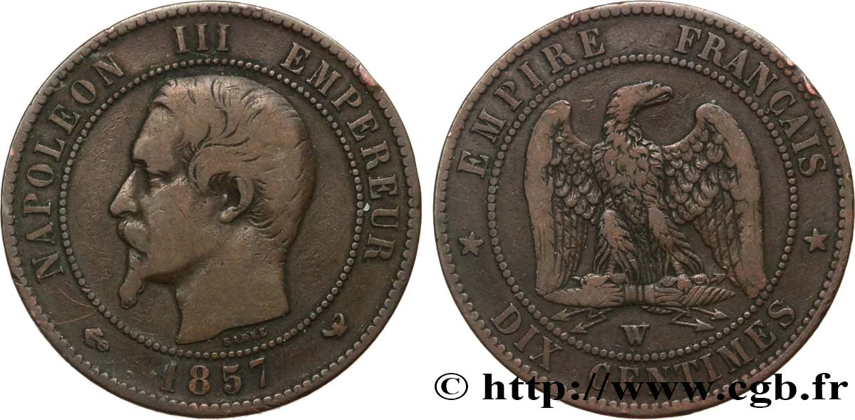 Dix centimes Napoléon III, tête nue 1857 Lille F.133/46 BC20 