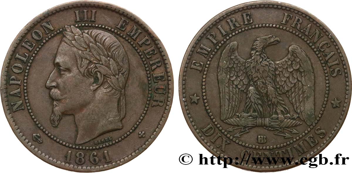 Dix centimes Napoléon III, tête laurée 1861 Strasbourg F.134/5 MBC40 
