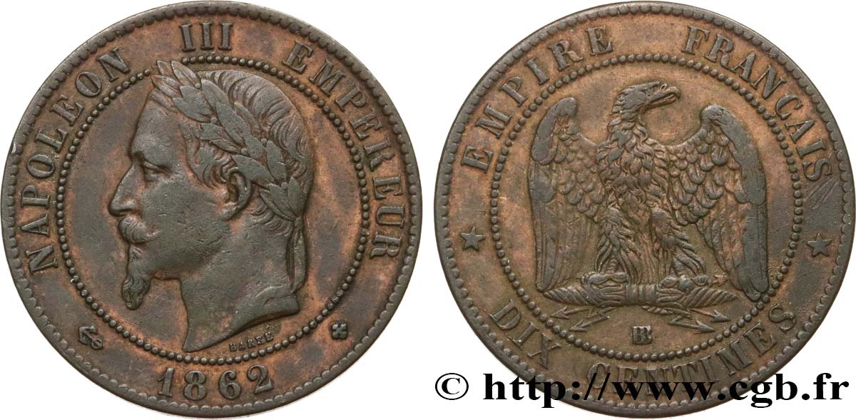Dix centimes Napoléon III, tête laurée 1862 Strasbourg F.134/8 BC35 