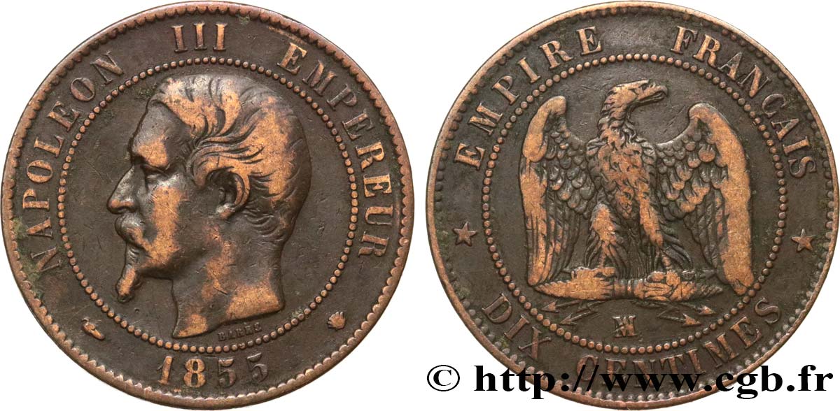 Dix centimes Napoléon III, tête nue, différent levrette 1855 Marseille F.133/30 TB25 