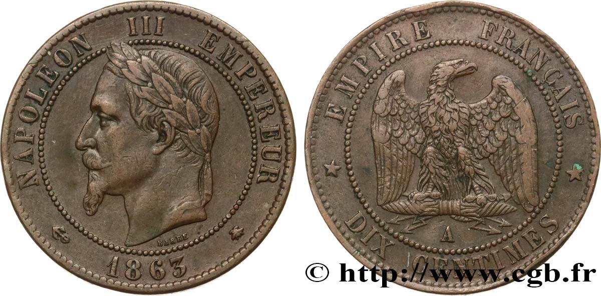Dix centimes Napoléon III, tête laurée 1863 Paris F.134/10 BB40 