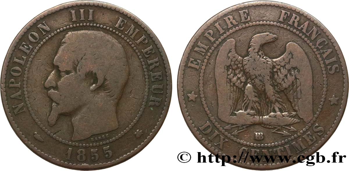 Dix centimes Napoléon III, tête nue 1855 Strasbourg F.133/23 TB15 