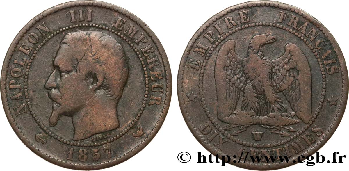 Dix centimes Napoléon III, tête nue 1857 Lille F.133/46 TB15 