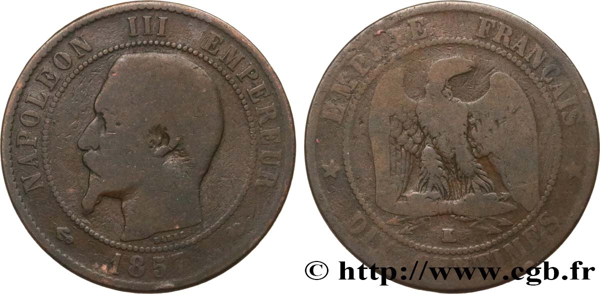 Dix centimes Napoléon III, tête nue 1857 Bordeaux F.133/44 B10 