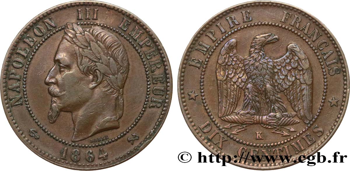 Dix centimes Napoléon III, tête laurée 1864 Bordeaux F.134/15 TTB 