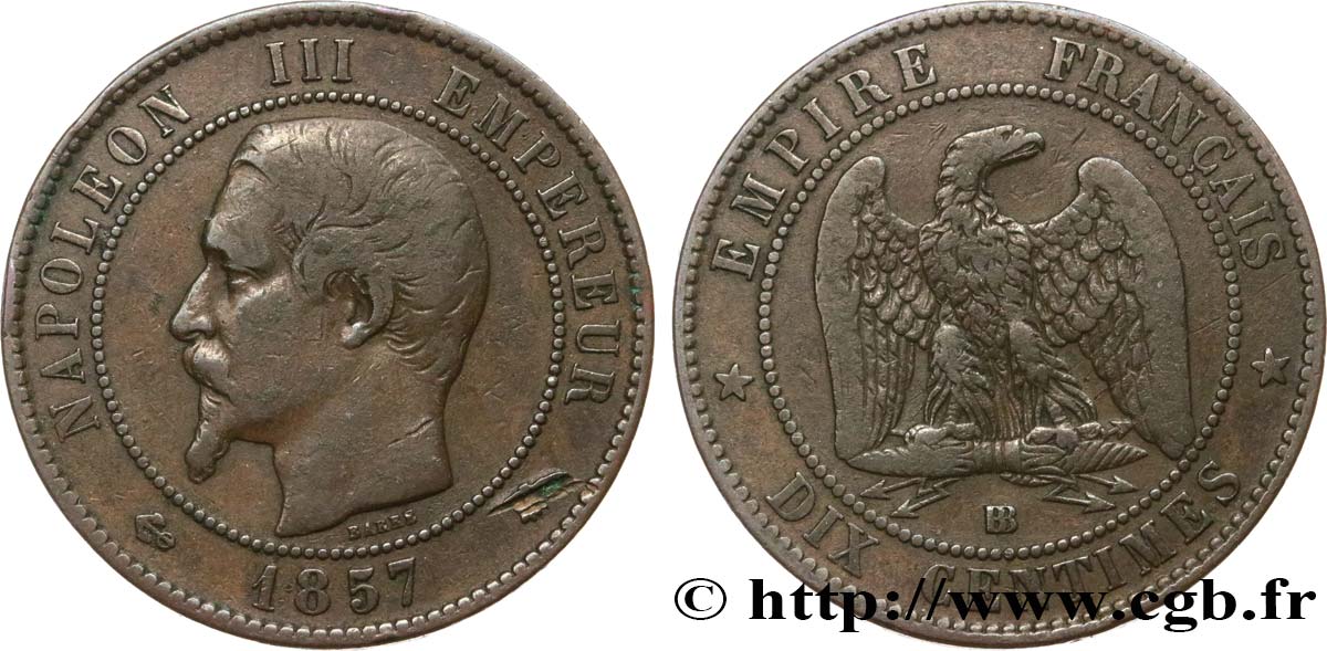 Dix centimes Napoléon III, tête nue 1857 Strasbourg F.133/43 VF20 