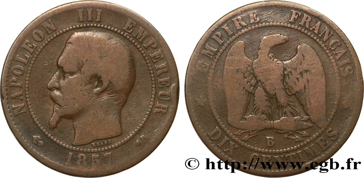 Dix centimes Napoléon III, tête nue 1857 Rouen F.133/42 SGE10 