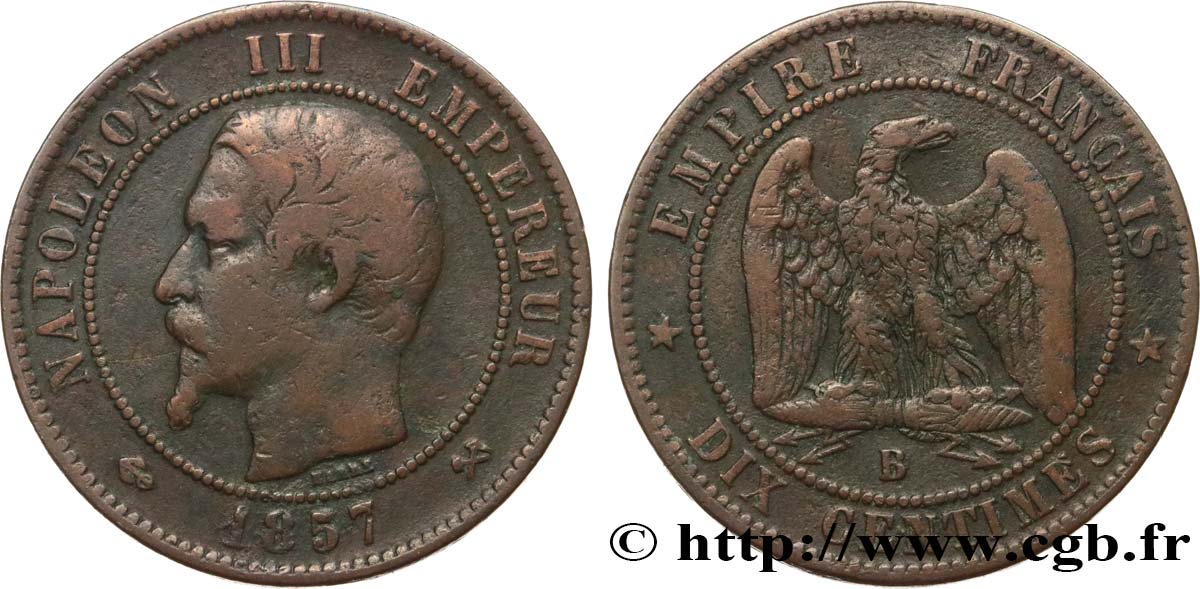 Dix centimes Napoléon III, tête nue 1857 Rouen F.133/42 TB20 