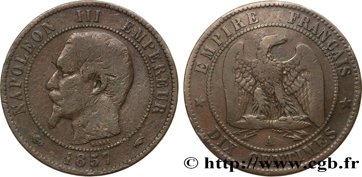 Dix centimes Napoléon III, tête nue 1857 Paris F.133/41 RC+ 