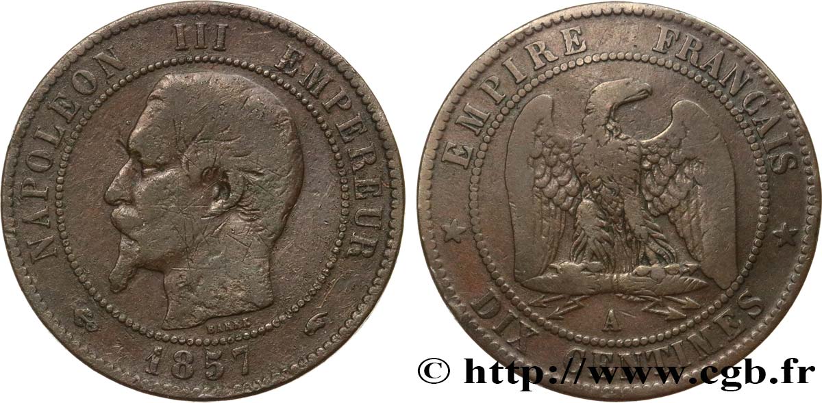 Dix centimes Napoléon III, tête nue 1857 Paris F.133/41 q.MB 