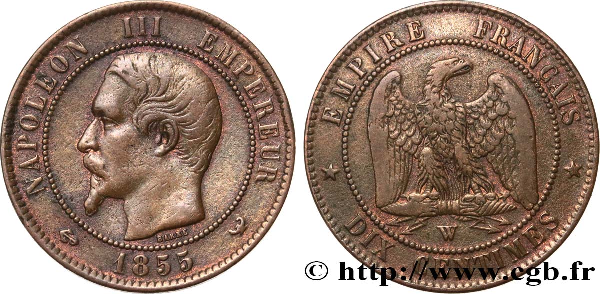 Dix centimes Napoléon III, tête nue 1855 Lille F.133/33 BC20 