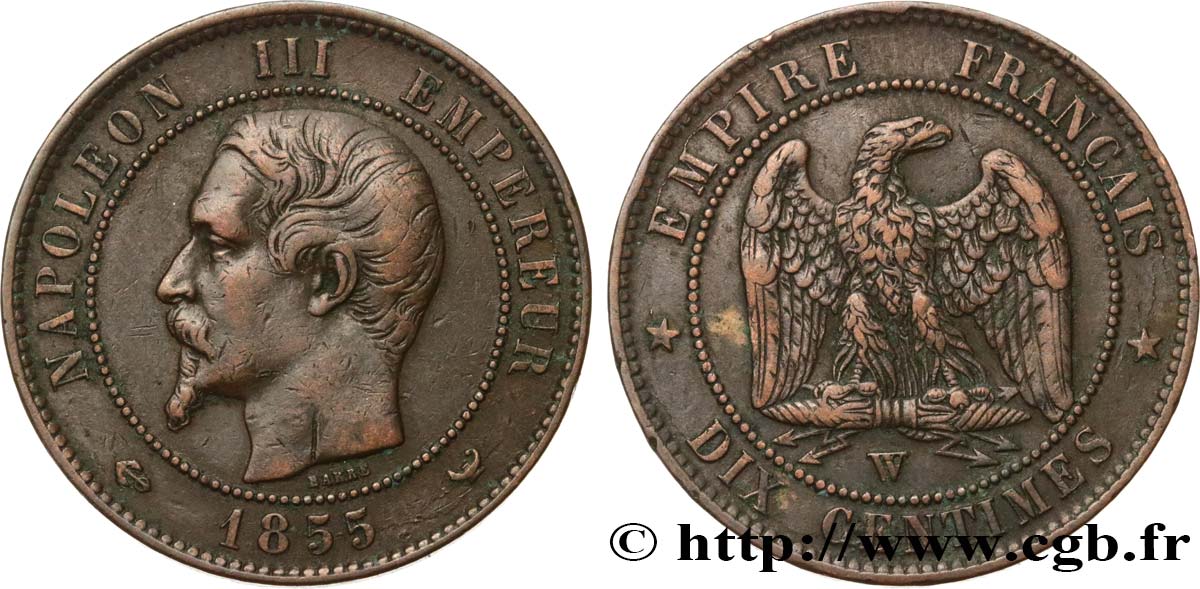 Dix centimes Napoléon III, tête nue 1855 Lille F.133/33 MBC45 