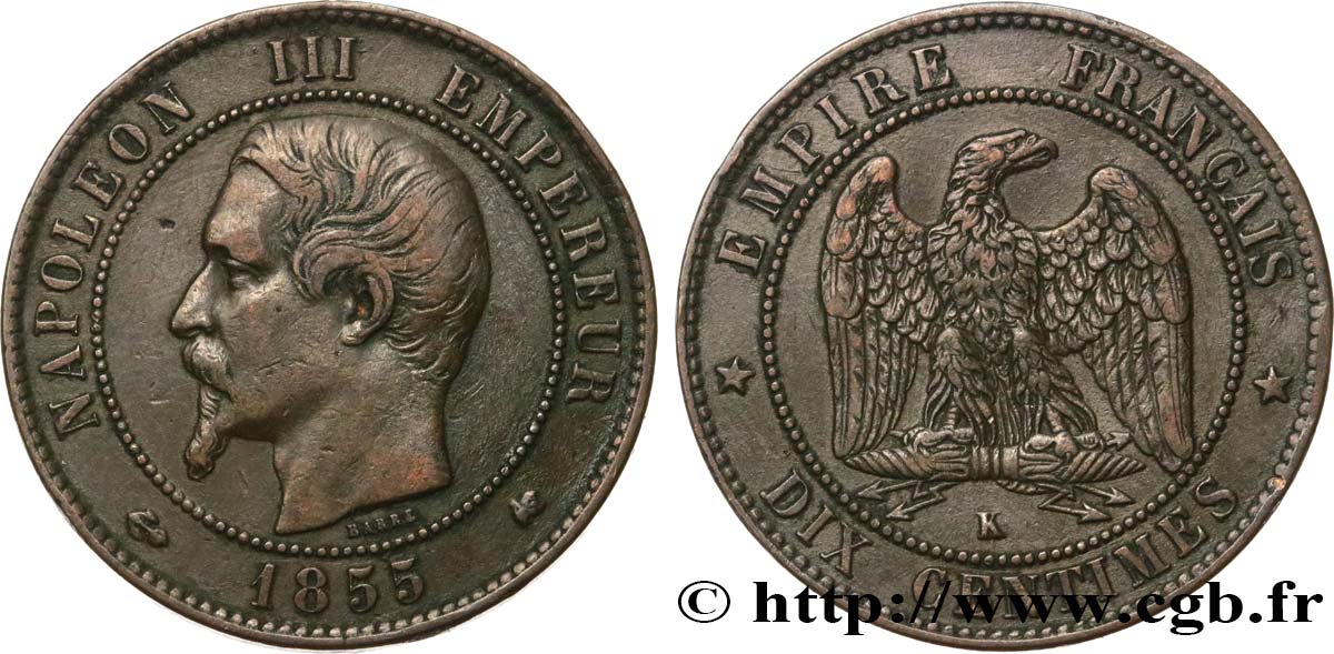 Dix centimes Napoléon III, tête nue 1855 Bordeaux F.133/29 XF45 