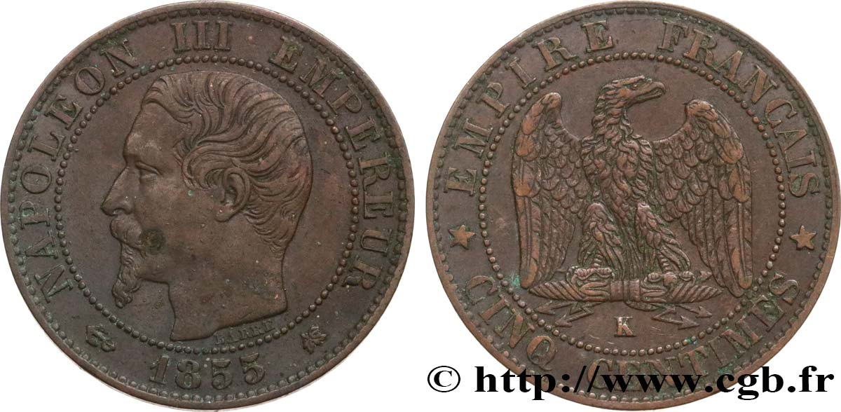 Cinq centimes Napoléon III, tête nue 1855 Bordeaux F.116/25 MB35 