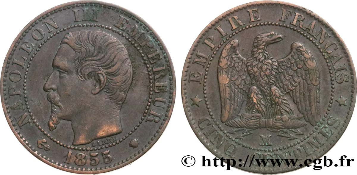 Cinq centimes Napoléon III, tête nue 1855 Marseille F.116/27 S35 