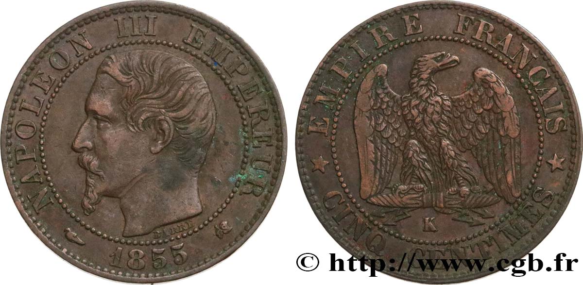 Cinq centimes Napoléon III, tête nue 1855 Bordeaux F.116/24 TB30 