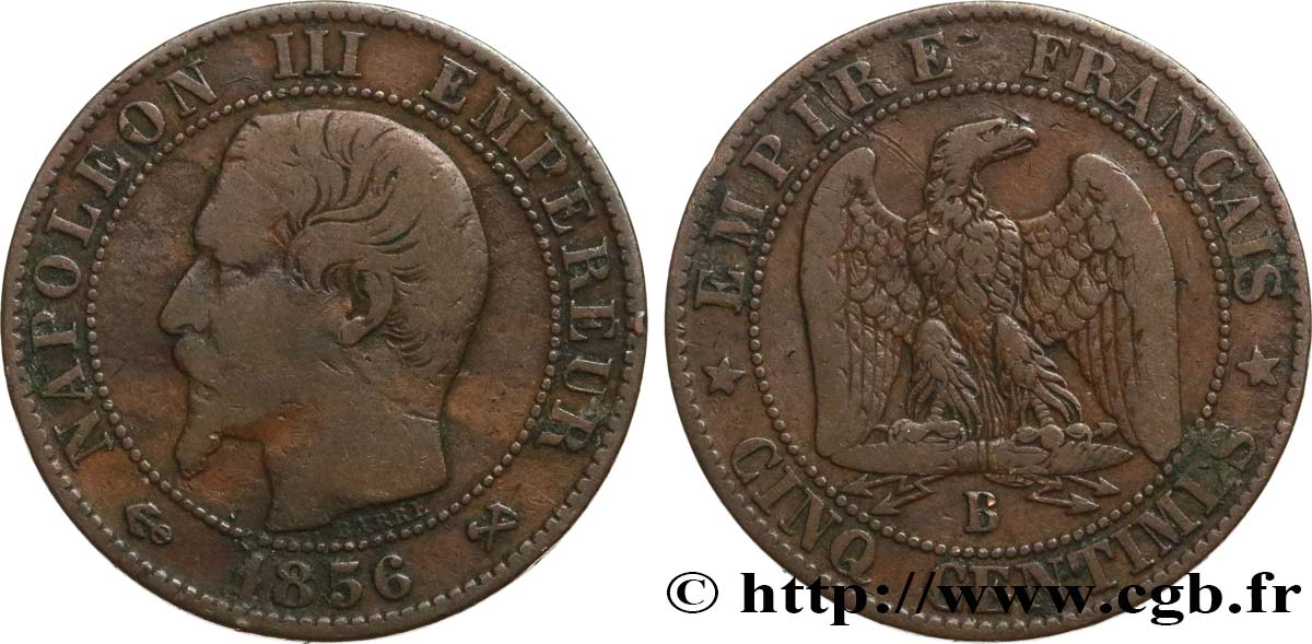 Cinq centimes Napoléon III, tête nue 1856 Rouen F.116/31 VF20 