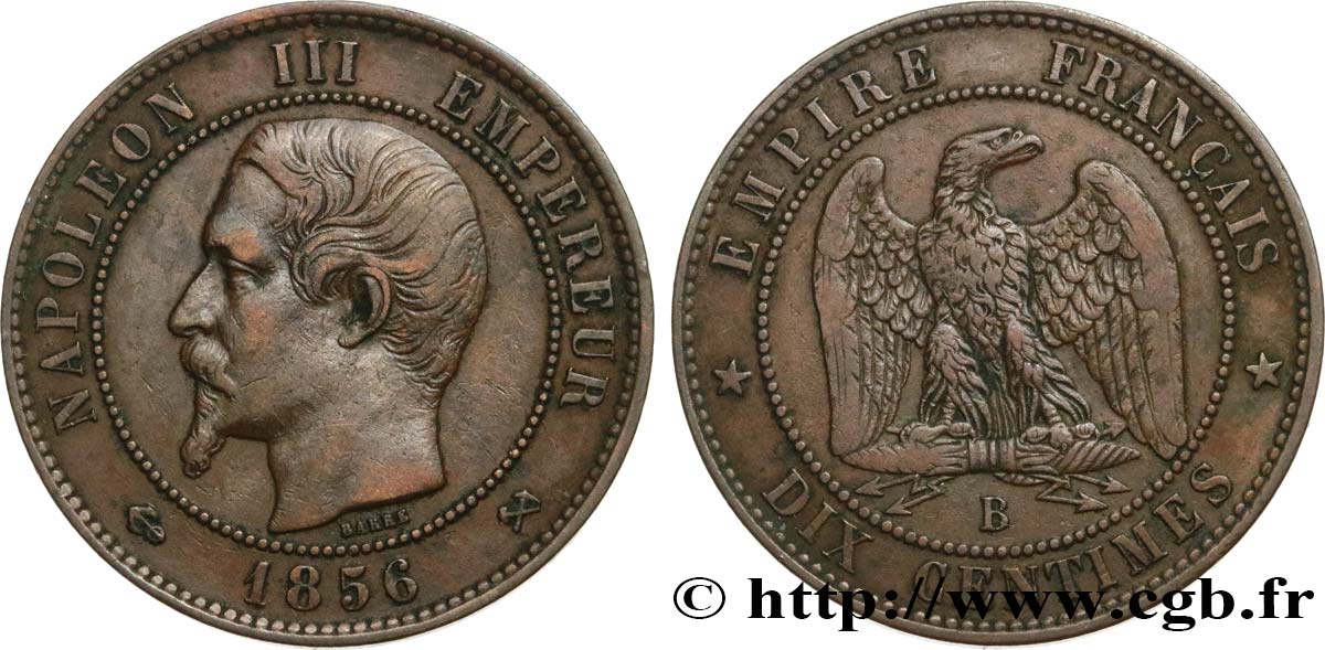 Dix centimes Napoléon III, tête nue 1856 Rouen F.133/35 SS40 